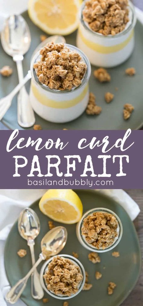 My favorite dessert or breakfast. Perfect for a fancy brunch or use up leftover lemon curd: healthy yogurt parfaits with granola Lemon Granola, Dessert Fancy, Parfait Yogurt, Healthy Yogurt Parfait, Pudding Trifle, Lemon Parfait, Breakfast Parfait, Keto Diet Vegetables, Keto Approved Foods