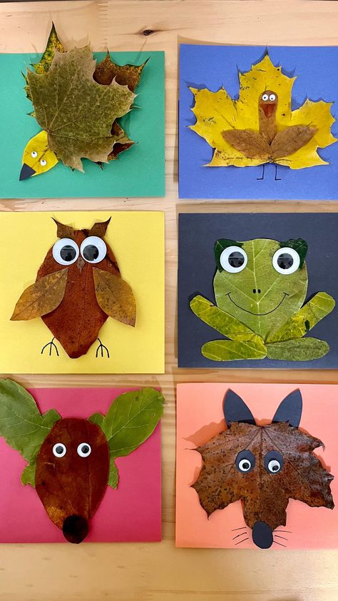 Leaf Art Activities, November Art Crafts For Kids, Leaf Eyfs Activities, Leaf Bugs Craft, Animal Leaf Art, Leaf Crafts Toddlers, Crafts Using Leaves For Kids, Turkey Leaf Crafts For Kids, Easy Preschool Fall Crafts