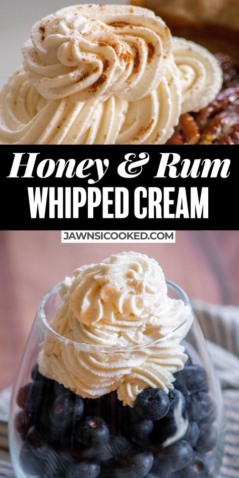 Take your pies, cobblers and sundaes to the next level with my easy Alcohol Infused Honey & Rum Whipped Cream! So much better than store bought, and ready to go in a matter of minutes! Alcoholic Whipped Cream, Rum Desserts, Bourbon Whipped Cream, Boozy Baking, Flavored Whipped Cream, Infused Honey, Alcoholic Desserts, Rum Cream, Recipes With Whipping Cream