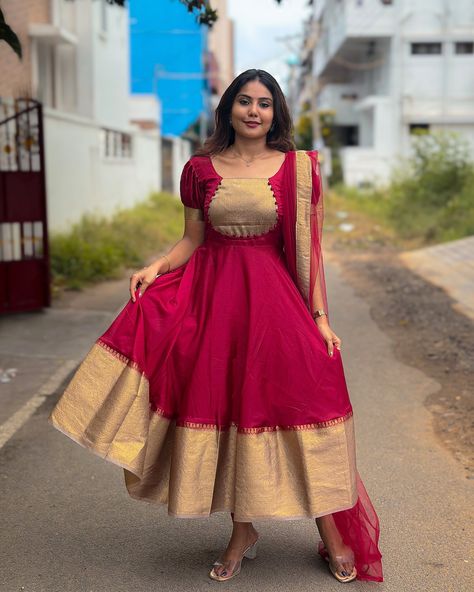 ANJALI- RED, PINK🌸 .Silk Anarkalis from @labelkamra ||DIWALI EDITION||LK294 Anarkali Dress Pattern New 2024, Long Frock Back Neck Models, Latest Trendy Dresses Indian, Silk Saree Dress Gowns, Kurti Back Neck Designs Pattern, Dress Top Designs, Saree To Anarkali Dress Pattern, Dress With Saree, Simple Gown Designs