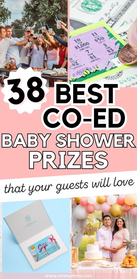 38 best co-ed baby shower prizes with image of friends toasting, lottery ticket, gift card, and couple standing by a cake at baby shower Coed Baby Shower Prizes, Baby Shower Game Gift Ideas, Coed Baby Shower Favors, Baby Shower Game Gift, Shower Prizes For Games, Baby Shower Prizes For Games, Prizes For Games, Co-ed Baby Shower Games, Baby Shower Game Gifts