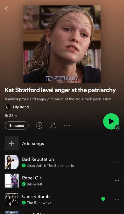 Angry Rock Songs, Clubbing Playlist Names, Angry Music Playlist, Indie Rock Songs Playlists, Kat Stratford Music Taste, Playlist Names Rock Music, Spotify Playlist Names Angry, Kat Stratford Book List, Kat Stratford Books