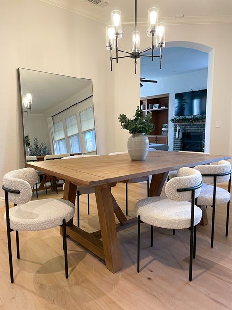 Wood Dining Room Table Black Chairs, Wood Table Dinning, Dining Table On Light Wood Floor, Dark Wood Dining Room Table And Chairs, Modern Kitchen Table Ideas Rectangle, Organic Modern Breakfast Table, Dining Table Light Wood Floor, Organic Modern Black Dining Table, Dining Chairs For Light Wood Table