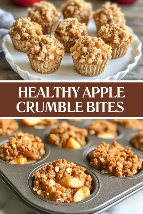 These Healthy Apple Crumble Bites are a delicious and naturally sweetened snack or dessert made with apples, oats, and almond flour. Easy to make, gluten-free, and the perfect portion size for a guilt-free treat. Bake them in a mini muffin tin and enjoy a wholesome snack anytime! Save this recipe now and try it out. #healthyrecipe #applecrumble #glutenfree #snack Mini Muffin Tin Recipes, Gluten Free Apple Crumble, Apple Crumble Muffins, Apple Muffins Healthy, Healthy Apple Crumble, Apple Crumble Recipe, Guilt Free Snacks, Wholesome Snacks, Healthy Sweet Treats