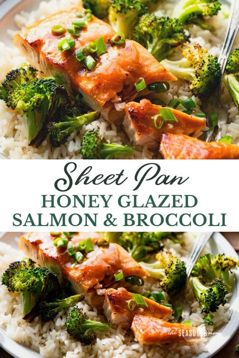 This honey glazed salmon recipe bakes with broccoli on a single sheet pan for an easy weeknight dinner that's ready from start to finish in less than 30 minutes! Pair it with rice, noodles, or a loaf of crusty bread for a simple family-friendly meal. Salmon Recipes Broccoli, One Pan Salmon And Broccoli, Baked Salmon And Rice Recipes, One Sheet Salmon And Veggies, Salmon And Veggie Recipes, Salmon Rice And Broccoli, Salmon Recipes Sheet Pan, Salmon And Broccoli Bake, Salmon And Broccoli Sheet Pan