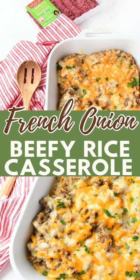 A large white pan of cheesy rice french onion casserole with a red and white striped napkin. French Onion And Ground Beef Rice Casserole, French Onion Ground Beef And Rice Casserole Cooking Taste, French Onion And Ground Beef And Rice Casserole, French Onion Beef And Rice Casserole, French Onion Rice Bake, Beef And Rice Bake, French Onion Beef Rice Casserole, French Onion Ground Beef Rice Casserole, French Onion Hamburger Casserole