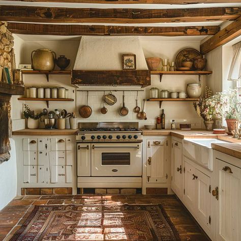 15+ Cottage Style Kitchen Ideas That Wow • 333+ Inspiring Lifestyle Ideas Cottage Kitchen Refrigerator, Victoria Kitchen Ideas, Cottage Themed Kitchen, Old Cottage Homes Interior, Tiny Cottage Kitchens Small Spaces, Cottage Homestead Aesthetic, Italian Cottage Kitchen, Small Cottage Kitchen Ideas Layout, Cottage Core Aesthetic Kitchen