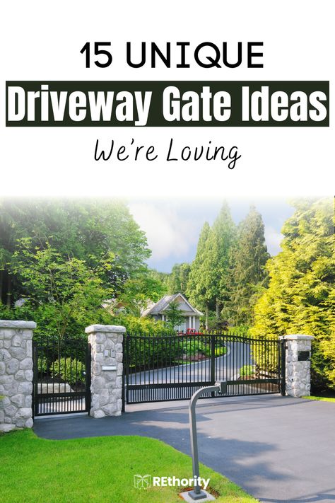 Are you looking for a unique solution to add a bit of extra security to your driveway? Look no further! We've rounded up 15 amazing driveway gates that are sure to provide the extra layer of protection you’re looking for while adding an element of style and sophistication to your property. Whether you’re looking for a classic wrought iron gate or a farm-style wood gate, we’ve got you covered! Read on to see some of the most unique driveway gate ideas we’re loving. House Gates Driveway, Fence Pillars Front Gates, Front Yard Fence With Electric Gate, Wrought Iron Sliding Gates Driveway, Long Driveway With Gate, Double Driveway Gates, Iron Driveway Gates Entrance, Wrought Iron Gates Driveway Entrance, Courtyard Driveway Ideas