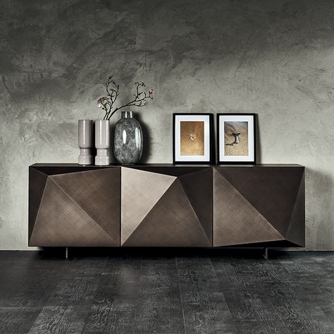 Contract Interior Design, Credenza Design, Cattelan Italia, Contemporary Furniture Design, Sideboard Designs, Modern Sideboard, Brushed Bronze, Glass Shelves, Interior Design Projects