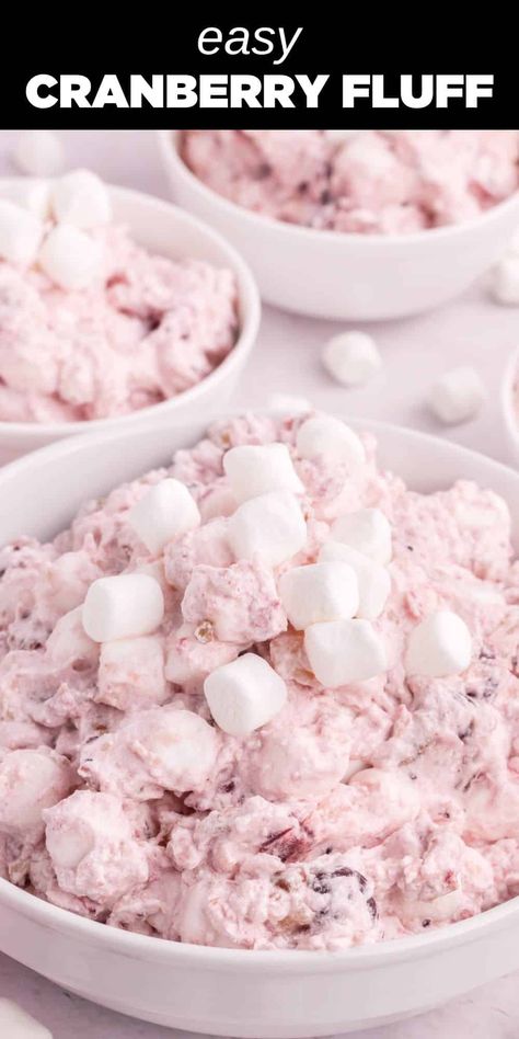 pink cranberry fluff with mini marshmallows in white bowl Cranberry Fluff Recipe, Cranberry Fluff Salad, Cranberry Jello Salad, Cranberry Salad Recipes, Cranberry Fluff, Fluff Salad Recipes, Cranberry Dessert, Canned Cranberries, Fluff Salad