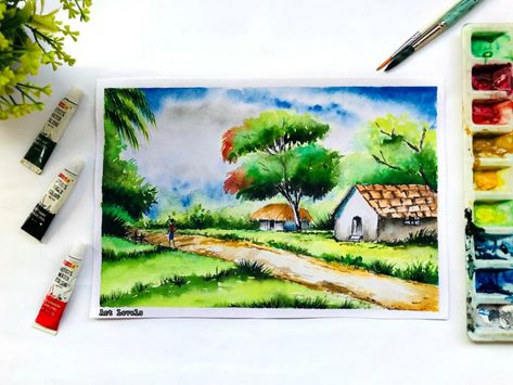 It's a very easy watercolour painting for beginners . You can see full tutorial of this in my Youtube channel :: Art Levels Watercolour Painting For Beginners, Easy Watercolour Painting, Watercolor Scenery Painting, Landscape Painting For Beginners, House Scenery, Landscape Drawing Easy, Scenery Drawing For Kids, Watercolour Landscape Painting, Easy Scenery Drawing