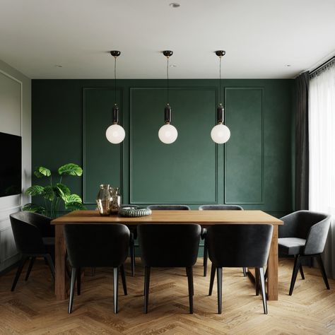 Dining Room Accent Wall, Green Accent Walls, Green Dining Room, Dark Green Walls, Dining Room Accents, Room Accent Wall, Dining Room Pendant, Pendant Lighting Dining Room, Dining Room Colors