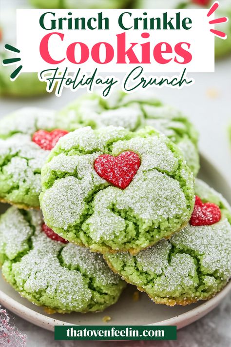 Delight in the festive spirit with our Grinch Crinkle Cookies, made with simple ingredients like cake mix, eggs, oil, and green food coloring. Easy and fun to bake, these cookies are perfect for adding a pop of color and joy to your holiday celebrations! Crinkle Cookies Cake Mix Recipe, Easy Cookies Recipes Christmas, Easy Baked Christmas Treats, Cake Mix Grinch Cookies, Cool Cookies Recipes, Grinch Sugar Cookies Recipe, Grinch Crinkle Cookies Cake Mixes, Grinch Cake Cookies, Easy Christmas Cookies Chocolate