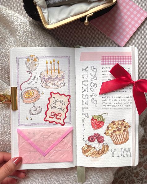 Just some illustrations…🍰🍩What’s your favorite pastry or desert?🥐🧁 I felt like drawing some tasty sweets on these pages and a strawberry because they go perfectly with pastries!🍓🥰 . . . . #bujo #bulletjournal #bujospread #journalspread #journalcommunity #journaladdict #artjournalpage #sketchbooktour #sketchbookpage #watercolorjournal #artjournal #illustratedjournal #gouachepainting #gouacheillustration #creativejournal Planner Uses Ideas, What To Put In Your Journal Ideas, Scrapbook Ideas Pages, Birthday Journal Page, Things I Like, Art Page Ideas, Drawing Ideas Journal, Drawing Journal Ideas, Things To Write In A Journal