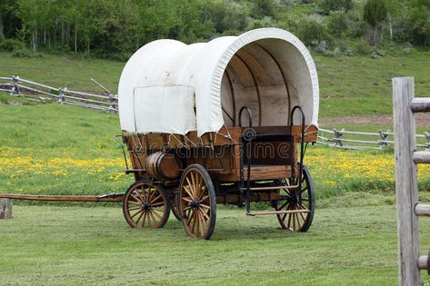 Old covered wagon. Covered wagon in green field near trees and fence , #Aff, #Covered, #wagon, #covered, #green, #fence #ad Frontier Living, Sheep Wagon, Pioneer Foods, Covered Wagons, Farm Wagons, Old West Town, Horse Wagon, Stage Coach, Westward Expansion