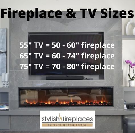 Ever wondered what size fireplace will look best below your TV? We've sold thousands of fireplaces to go below TVs, and we know what looks best. Here's a quick guide. The bare minimum is that the fireplace should be at least as wide as the TV. If the fireplace can be wider, even better. With electric fireplaces, you can go as big as you want -- they will never overheat the wall or the room. Tv Over Fireplace Sizing, Electric Fireplace Ideas With 70 Inch Tv, Diy Fireplace Wall With Tv And Shelves, Bump Out Fireplace And Tv Wall, No Mantle Fireplace Ideas, Bedroom Tv With Fireplace, Electric Fireplace Design With Tv, Big Tv Over Small Fireplace, Basement Electric Fireplace With Tv