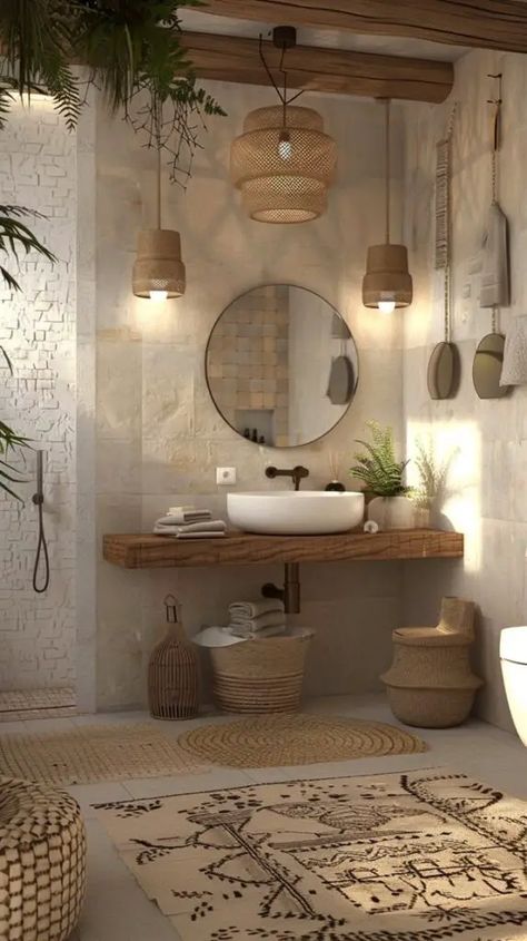 Boho Style Bathroom Ideas, Boho Inspired Bathroom, Bali Style Bathroom Ideas, Earth Bathroom Ideas, Unique Interior Design Creative, Bathroom Ideas Neutral, Bohemian Interior Design Style, Eclectic Bathroom Ideas, Unique Bathroom Ideas