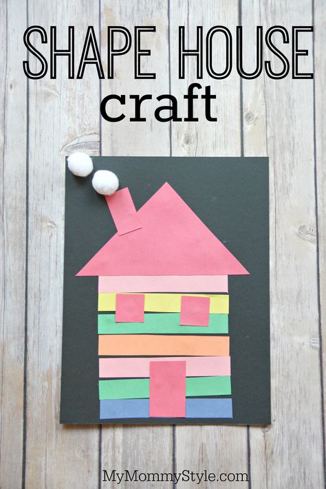 Shape house craft! An invitation for kids to make a house! Great open play craft! Shape House Craft, Shape House, Art Preschool, Building Crafts, Creative Math, House Craft, Math Crafts, Art And Craft Videos, Shape Crafts