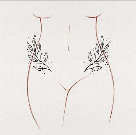 Nature Women Tattoo, Flowy Line Tattoo, Powerful Feminine Tattoos, Body Shaping Tattoos, Spinal Tattoos For Women, Sternum Tattoo Floral, Inner Hip Tattoos Women, Panty Line Tattoo, V Line Tattoos Women