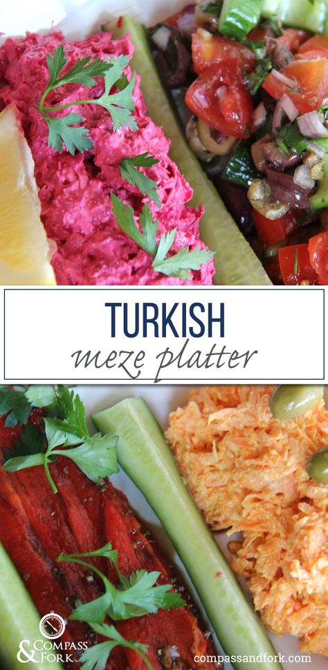 This easy to make meze platter is perfect for a party.  Make ahead of time includes all recipes.  Gluten free for guests with allergies.  www.compassandfork.com Turkish Meze, Turkish Mezze, Meze Recipes, Turkish Salad, Meze Platter, Dinner Party Starters, Food Variety, Raw Beets, Perfect Dinner Party