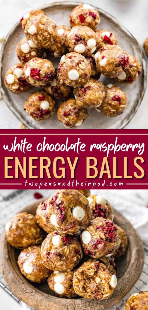 White Chocolate Raspberry Energy Balls are a quick and easy dessert recipe that only takes 10 minutes to make! These no-bake dessert balls are a great healthy breakfast idea. Save this pin! No Bake Balls, Dessert Balls, No Bake Energy Balls, Fitness Snacks, Peanut Butter Recipe, No Bake Energy, Healthy Breakfast Idea, Energy Bites Recipes, Healthy Protein Snacks