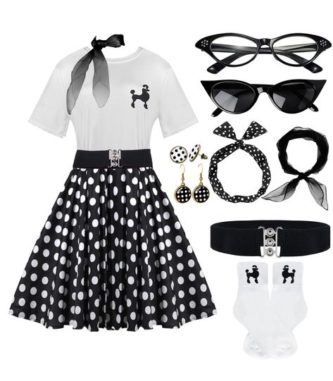 PRICES MAY VARY. Package Included 10Pcs - 1 x polka dot skirt, 1 x poodle T-shirt, 1 x poodle socks, 1 x chiffon scarf, 1 x headband, 2 x plastic eyeglasses, 1 x belt, 2 x earrings, this 50s polka dot skirt and Tshirt set comes with full the accessories you can easily mix and match to create a variety of stylish and nostalgic looks, transport you back to that vibrant and charming era in an instant! Unique Design Of The 1950s Outfits-This 1950s retro outfit set features a classic poodle design, a 50s Diy Costume Women, 50s Rockabilly Fashion, Skirt And Tshirt, Poodle Skirt 50s, Sock Hop Outfits, 50s Accessories, Polka Dot Skirt Outfit, 1950s Poodle Skirt, Decades Costumes