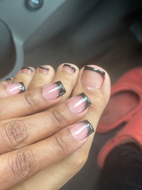 Cute Short Black French Tip Nails, Short Nails Ideas French Tip Black, Clear With Black Tip Nails, Black French Tip Mani Pedi, Black French Tip Nails Natural, Black Shirt French Tip, French Top Toes Black Women, Dark Color French Tip Nails, Short Nail Designs Black French Tips