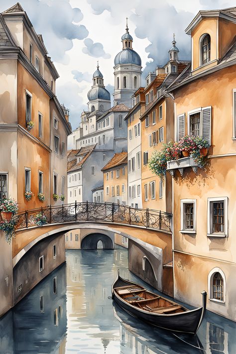 Classic style AI generated fantasy city landscape inspired by a famous old European city European City Drawing, Old Architecture Painting, Paintings Of Venice, Old City Painting, Watercolor Landscape Paintings Village, Fantasy City Landscape, Watercolor Art City, City Watercolor Painting, Europe Drawing