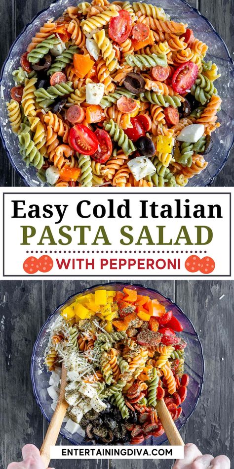 Best Italian Pasta Salad With Pepperoni | Cookout Food Pasta Salad Recipes With Mini Pepperoni, Garden Rotini Recipes, Garden Rotini Pasta Salad, Pasta Salad With Pepperoni, Tricolor Pasta Salad, Sweet Pasta Salads, Cold Italian Pasta Salad, Rotini Pasta Recipes, Pepperoni Pasta