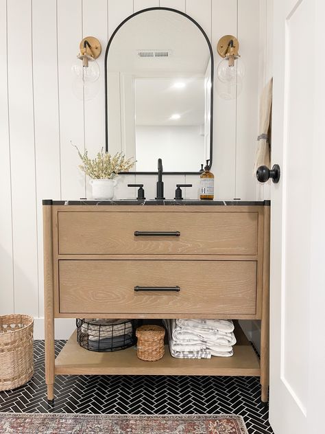 oak bathroom vanity, herringbone floors, shiplap walls Revamped Bathroom Vanity, Modern Single Vanity Bathroom, Half Bathroom Wood Vanity, Cute Bathroom Vanity Ideas, Guest Bathroom Single Vanity, Guest Bath Vanity Ideas, Single Vanities Bathroom, Wood Vanity Guest Bathroom, Small Bathroom With Natural Wood Vanity