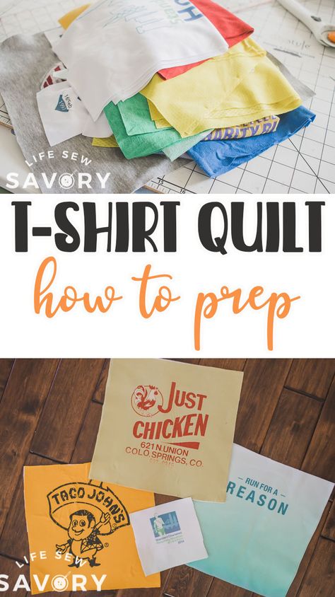 Learn how to cut t-shirts for a tshirt quilt. Cut and prep the pieces of tshirt to get ready to sew a tshirt quilt. All the details you need Sew A Tshirt, Tshirt Quilt Tutorial, Tshirt Quilt Diy, Cut T Shirts, Tshirt Quilt Pattern, Lap Quilt Size, Tshirt Quilts, Quilt Diy, Shirt Patterns