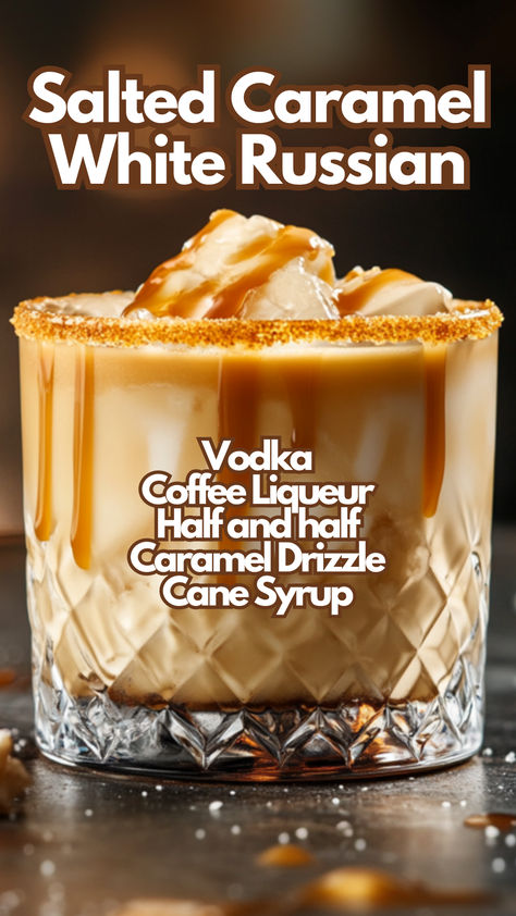 Salted Caramel White Russian Caramel Drinks Alcohol, Carmel Alcoholic Drinks, Drink Recipes With Caramel Vodka, Salted Caramel Whiskey Drinks, Creamy Alcoholic Drinks, White Chocolate Cocktails, Salted Caramel Vodka Recipes, Caramel Cocktails, Carmel Vodka Drinks Recipes Salted Caramels