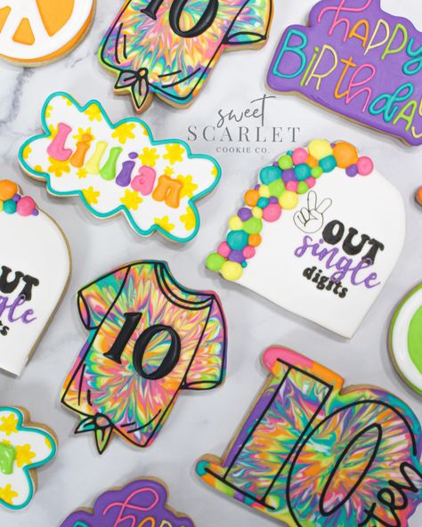 Peace Out Double Digits Party Ideas, Peace Out Cookies Decorated, Peace Out Party Ideas, Tie Dye Birthday Cookies Decorated, Tye Dye Cookies Decorated, Peace Out Single Digits Im 10 Cookies, Tie Dye Theme Birthday Party Ideas, Tie Five Birthday, Tie Dye Cookie Cake