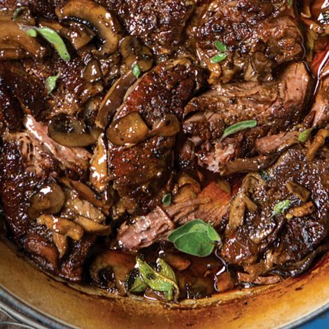 Beef-Roast-with-Mushrooms-and-Red-Wine Beef Roast With Mushrooms, Red Wine Beef Roast, Roast With Mushrooms, Slow Roast Beef, Cooking With Red Wine, Blade Roast, Beef With Mushroom, Red Wine Recipe, Golden Mushroom Soup