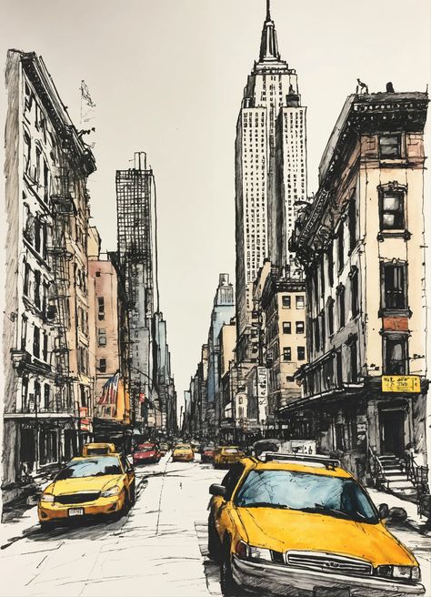 City Ink Drawing, New York Sketches, New York City Drawing Sketches, Urban Sketching Pen, City Art Drawing, Easy Architecture Sketch, City Landscape Drawing, Nyc Sketch, New York City Scape