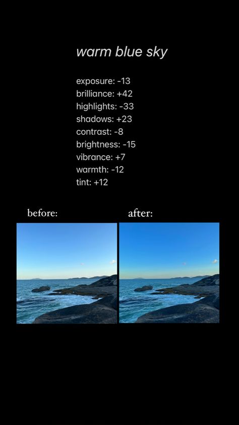 Blue Sky Lightroom Preset, Ocean Photo Edit, Blue Eye Filter, Iphone Editing Pictures Summer, Blue Photo Filter, Sky Edit Iphone, Blue Hour Filter, Blue Photo Edit, Water Photo Editing