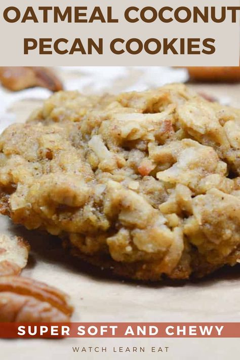 close up of oatmeal coconut pecan cookies Best Soft Oatmeal Cookies, Quick Oats Cookies Easy, Copycat Crumbl Oatmeal Raisin Cookies, Peanut Butter Oatmeal Coconut Cookies, Chewy Oatmeal Raisin Cookies Soft And, Panera Oatmeal Raisin Cookies, Crumble Coconut Cookie, Half Batch Cowboy Cookies, Best Ever Oatmeal Cookies