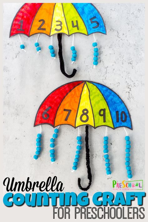 Spring is the perfect time to make cute counting crafts for preschoolers! This umbrella craft helps preschool, pre-k, and kindergarten age children practice counting while making and adorable umbrella craft. Use number crafts for preschoolers in your spring theme to make practicing numbers 1-10 fun and engaging. Number Crafts For Preschoolers, Number Crafts Preschool, Counting Craft, Weather Activities Preschool, Kids Numbers, Spring Arts And Crafts, Spring Crafts Preschool, Number Crafts, Prek Crafts