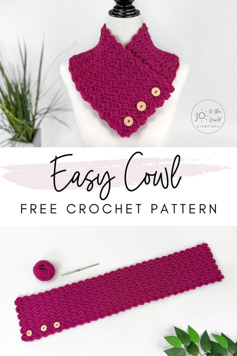 Keep your neck warm in style with this Crochet Cowl Scarf. This scarf is made with a soft acrylic yarn and it is a cozy and comfortable scarf to wear. Col Crochet, Crochet Cowl Free Pattern, One Skein Crochet, Crochet Neck Warmer, Crocheted Scarf, Crochet Cowl Pattern, Crochet Scarf Pattern Free, Crochet Buttons, Crochet Winter