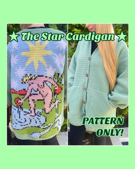 Crochet Butterfly Cardigan, Tarot Crochet Pattern, Moon Cardigan, Crochet Tarot, Witchy Wardrobe, Star Cardigan, Love Tarot Card, Crochet Geek, Rider Waite Tarot