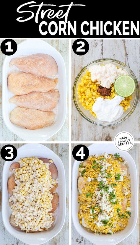 This Mexican Street Corn Chicken Bake recipe is super fast to make and such a delicious family dinner! With the flavors of Elote Corn smothered on top of tender chicken breast and then baked to tender perfection, this recipe is perfect for a busy weeknight. This chicken recipe with a few ingredients still packs in the flavor with sweet corn baked in a combination of mayonnaise, sour cream, spices and cheese for a kid friendly dinner the whole family will love! Best Baked Chicken Breast, Mexican Street Corn Chicken, Street Corn Chicken, Best Baked Chicken, Elote Corn, 21 Dinner, Delicious Family Dinners, Mexican Side Dishes, Easy Family Recipes