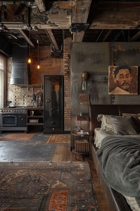 Bedroom Interior Design- Bedroom Ideas- Unique Bedroom Design- Luxe Bedroom Industrial Aesthetic Interior Design, Dark Industrial Bedroom, Mens Interior Design, Male Bedrooms, Masculine Bedrooms, Drawing Bedroom, Png Character, Makeup Bedroom, Male Bedroom