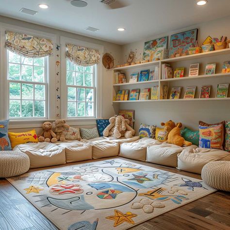 Art Kids Playroom, Childminding Room Ideas Playrooms, Colorful Playroom Design, Kids Living Room Play Area, Fun Kids Playroom Ideas, Open Plan Playroom, Kid Friendly Home Decor, Play Room For Toddler Ideas, Play Room Kid Design