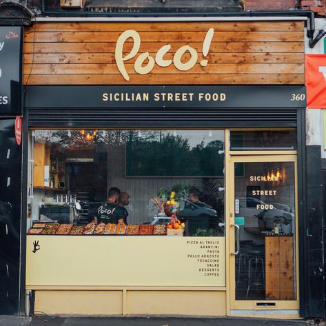 Poco! Sicilian Street Food Restaurant Branding by Passsport Design Bureau - Grits & Grids® Street Food Restaurant, Pizzeria Design, Street Food Design, Small Restaurant Design, Cafe Exterior, Mini Cafe, Visuell Identitet, Small Coffee Shop, Restaurant Exterior