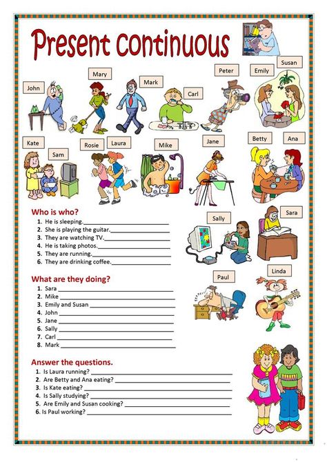 Present continuous. - English ESL Worksheets for distance learning and physical classrooms Continuous Tense Worksheet, Present Continuous Worksheet, Tense Worksheet, Present Continuous Tense, English Grammar Exercises, English Grammar For Kids, Present Continuous, Simple Present, Grammar For Kids