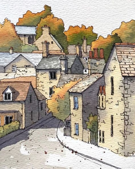 Countryside Watercolor, Autumn Village, Village Drawing, British Village, Watercolor House Painting, Watercolor Art Landscape, Watercolor Architecture, Drama Songs, Sketching Drawing