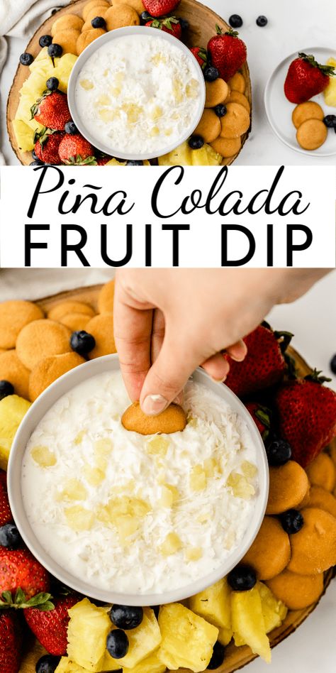 Only four ingredients go into this easy Piña Colada Fruit Dip that's great for summer picnics and BBQ's! via @nmburk Dip Tray Ideas Appetizers, Essen, Pina Colada Dip Recipe, Pina Colada Fruit Dip, Cute Fruit Appetizers, Summer Time Party Food, Dips To Make For The Beach, Summer Snack Foods For Party, Hawaii Party Ideas Food