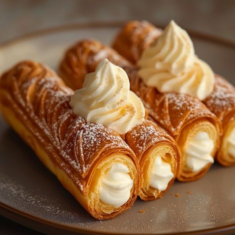 Puff Pastry Cones with Custard: A Crunchy and Creamy Delight Ingredients for the puff pastry: - 1 ready-to-use puff pastry Ingredients for the pastry cream: - 500 ml of milk - 100 g of sugar - 4 egg yolks - 50 g cornstarch - 1 vanilla pod (or 1 teaspoon of vanilla extract) - 50 g of butter Preparation : 1. Preheat your oven to 200°C (thermostat 6-7). Spread the puff pastry on a lightly floured work surface. Cut strips of dough approximately 3 cm wide. 2. Wrap each dough strip around pastry c... Cream Puff Decorating Ideas, Pastry Ideas Baking, Puff Pastry Cones, Beautiful Pastries, Pastry Aesthetic, Creme Puffs, Puff Pastry Dessert, Puff Pastry Ingredients, Pastry Cream Desserts