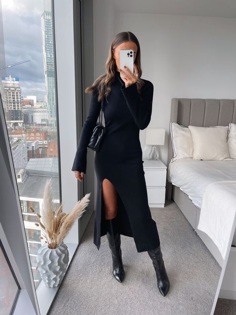 Shop Brielle High Neck Midaxi Knit … and other curated products on LTK, the easiest way to shop everything from your favorite creators. Long Black Dress Outfit, Knitted Dress Outfit, Black Dress Winter, Knit Skirt Outfit, Long Knitted Dress, Winter Dress Outfits, Fall Dress Outfit, Black Dress Outfits, Black Knit Dress