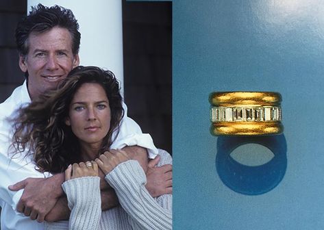 Calvin Klein posing with his wife Kelly who is wearing a diamond and gold eternity band (at right) that once belonged to the Duchess of Windsor.  Photo Getty and Sotheby’s Luxury Timeless Eternity Band, Wearing Multiple Rings, Eternity Band Engagement Ring Chunky, Luxury Gold Eternity Band As Gift, Fine Jewelry Yellow Gold Eternity Band With Gemstone, Spinelli Kilcollin Wedding Band, Thick Gold Wedding Band, Modern Eternity Band, Thick Band Engagement Ring